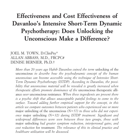 Effectiveness and Cost Effectiveness of Davanloo’s Intensive Short-Term Dynamic Psychotherapy: Does Unlocking the Unconscious Make a Difference?