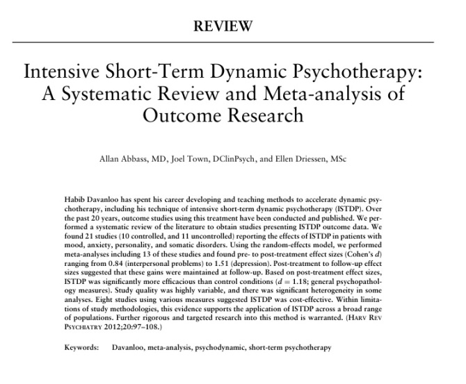Intensive Short-Term Dynamic Psychotherapy: A Systematic Review and Meta-analysis of Outcome Research