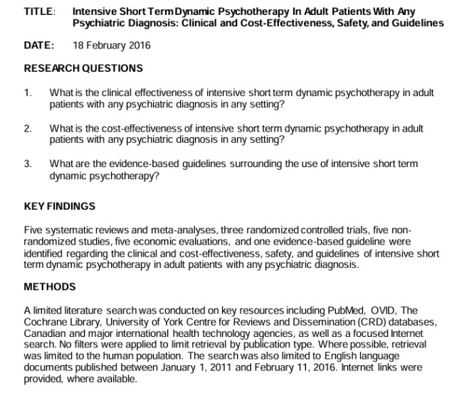 Intensive Short Term Dynamic Psychotherapy In Adult Patients With Any Psychiatric Diagnosis: Clinical and Cost-Effectiveness, Safety, and Guidelines