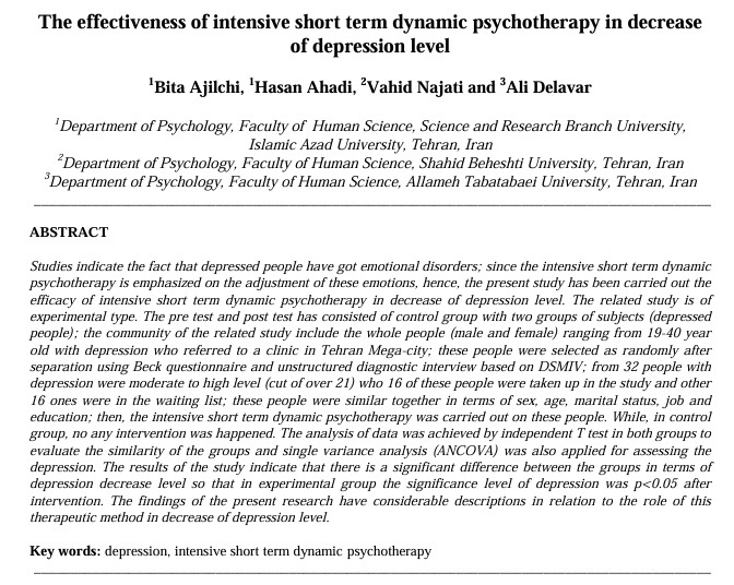 The effectiveness of intensive short term dynamic psychotherapy in decrease of depression level 