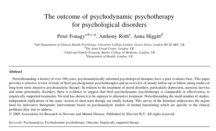 The outcome of psychodynamic psychotherapy for psychological disorders