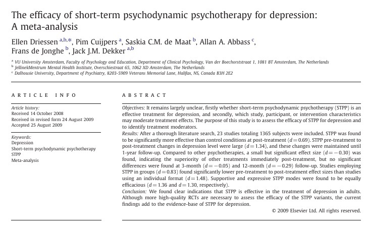 The efficacy of short-term psychodynamic psychotherapy for depression: A meta-analysis
