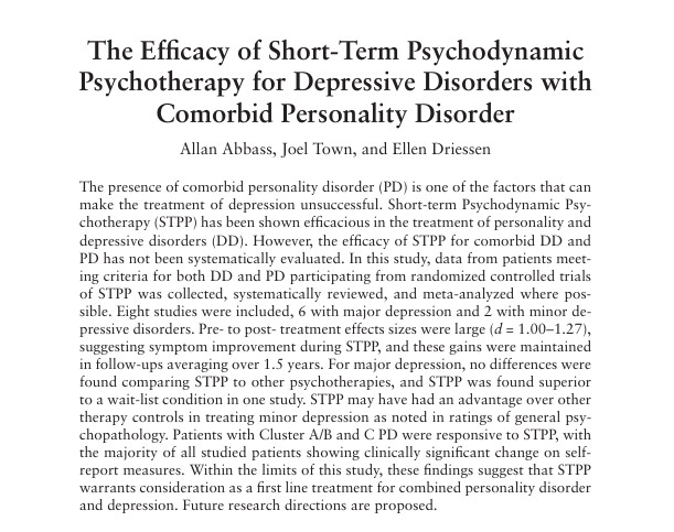 the efficacy of Short-term Psychodynamic Psychotherapy for Depressive Disorders with comorbid Personality Disorder