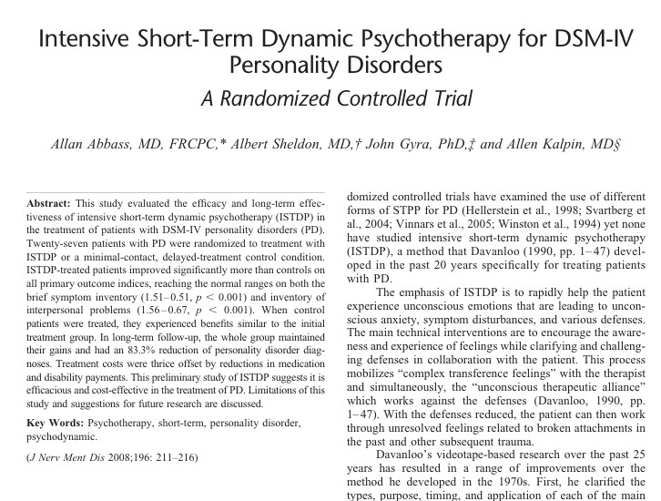 Intensive Short-Term Dynamic Psychotherapy for DSM-IV Personality Disorders A Randomized Controlled Trial